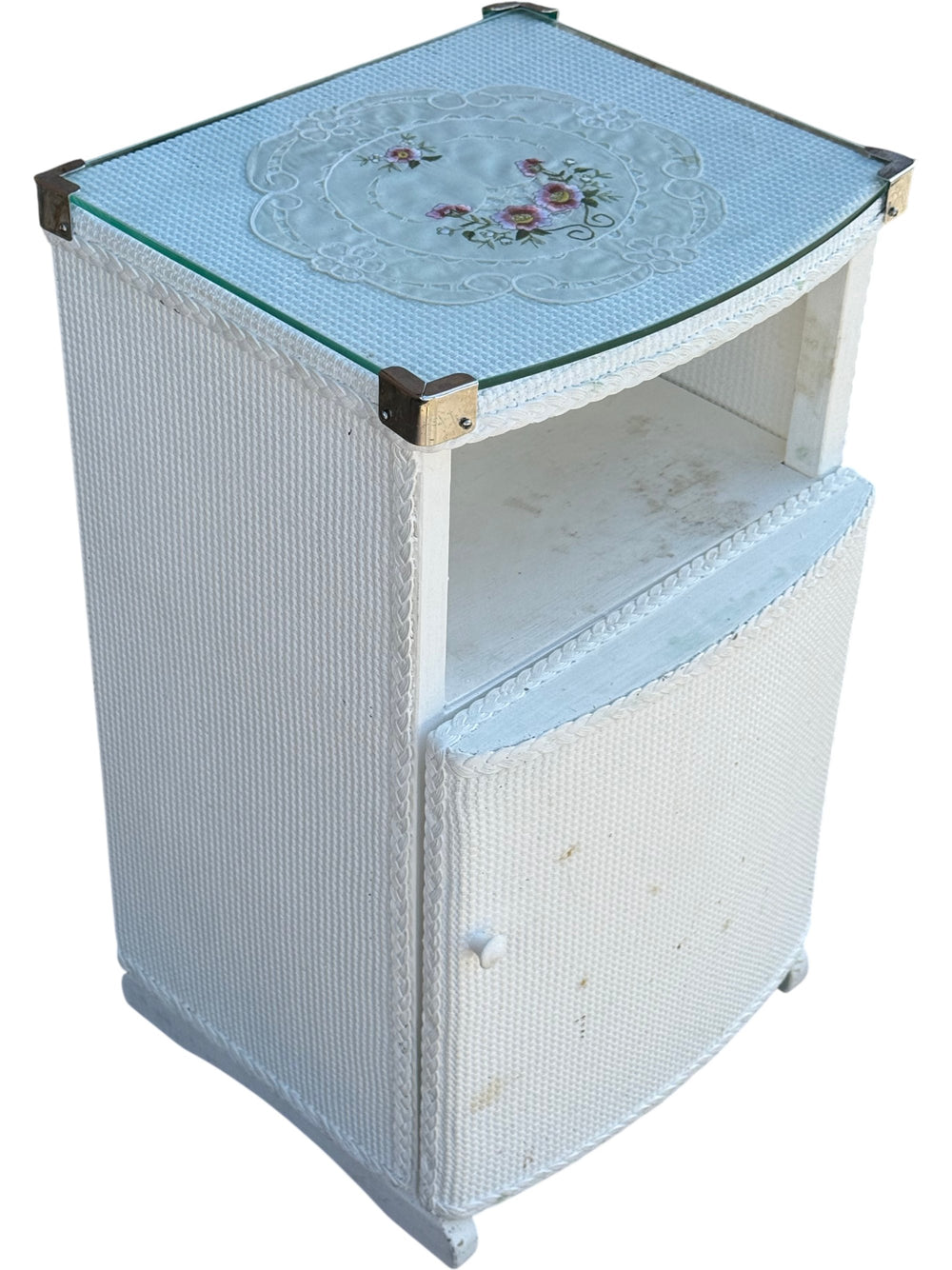 Floral Embroidered White Nightstand - Think Vintage