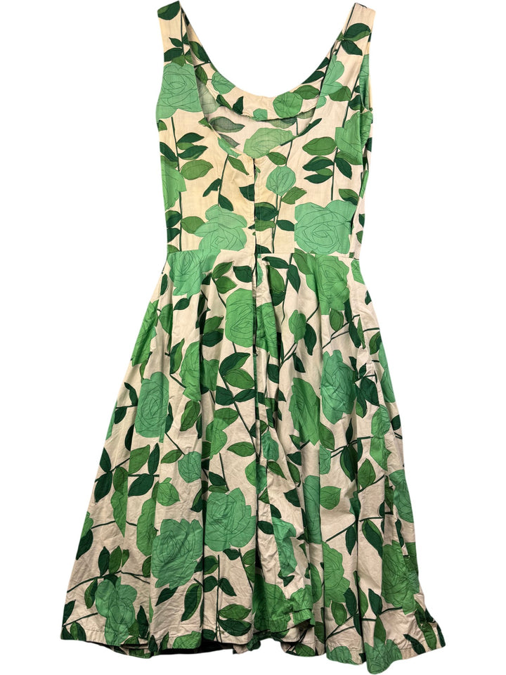 Floral Green Rose Patterned Sleeveless Dress - W27