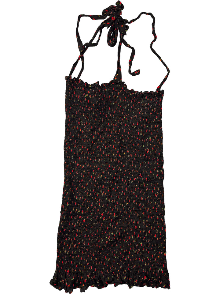 Floral Halter Neck Black Dress - M - Think Vintage