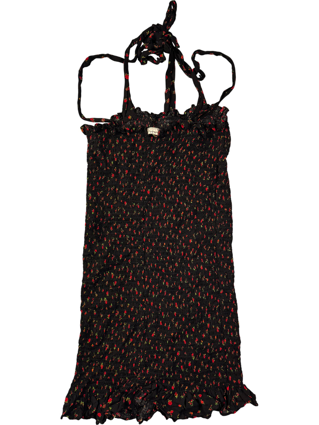 Floral Halter Neck Black Dress - M - Think Vintage