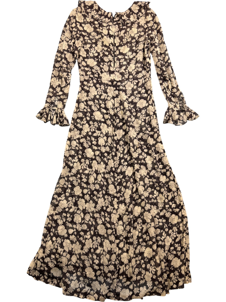Floral Long Sleeve Brown Maxi Dress - M - Think Vintage