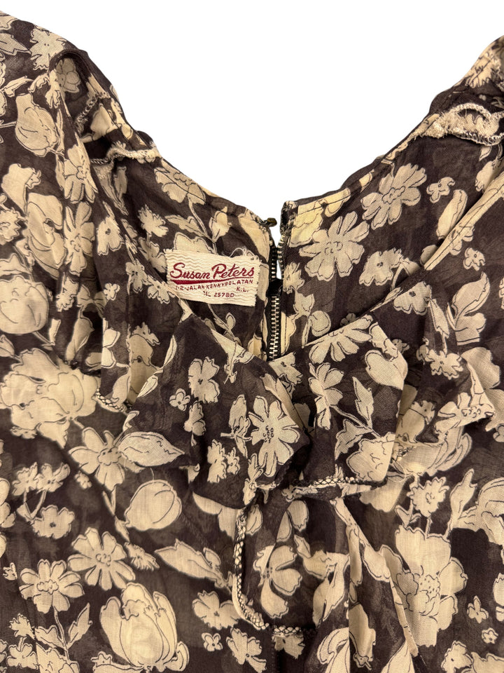 Floral Long Sleeve Brown Maxi Dress - M - Think Vintage