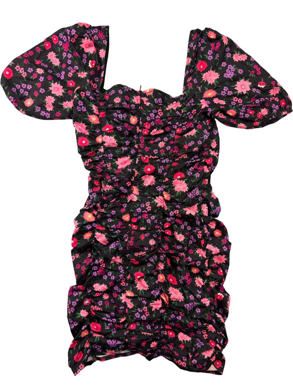 Floral Puff Sleeve Mini Dress - S - Think Vintage
