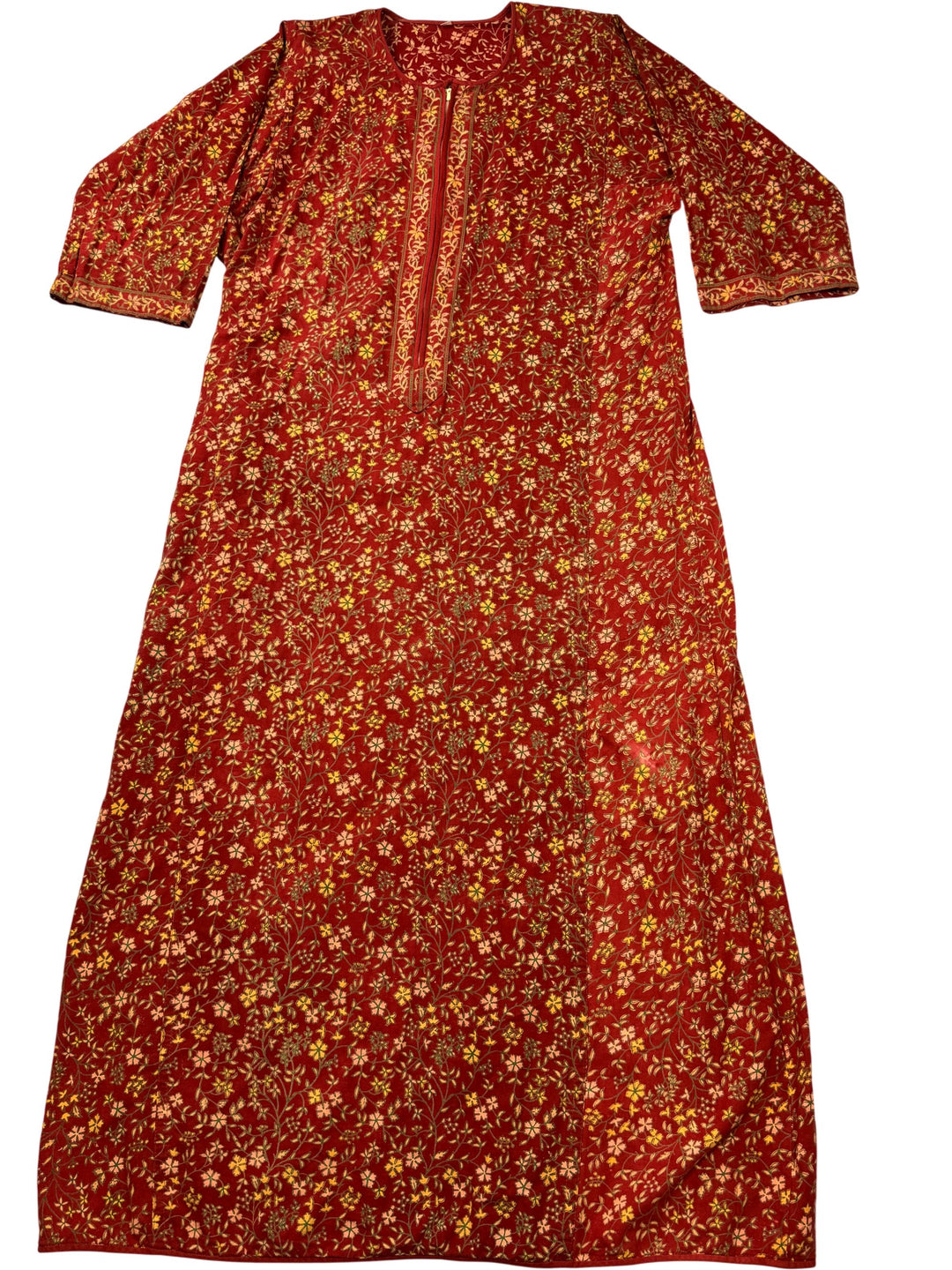 Floral Red Long Sleeve Dress - M - Think Vintage