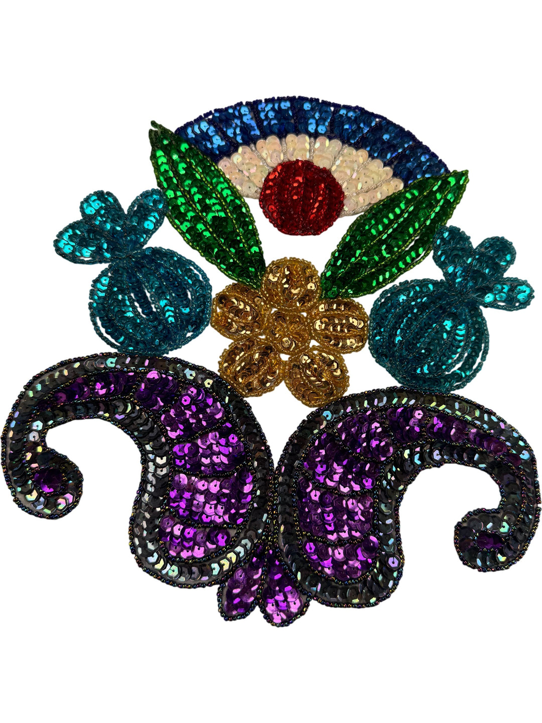 Floral Sequin Patch With Green Blue Yellow Red Accents - Think Vintage