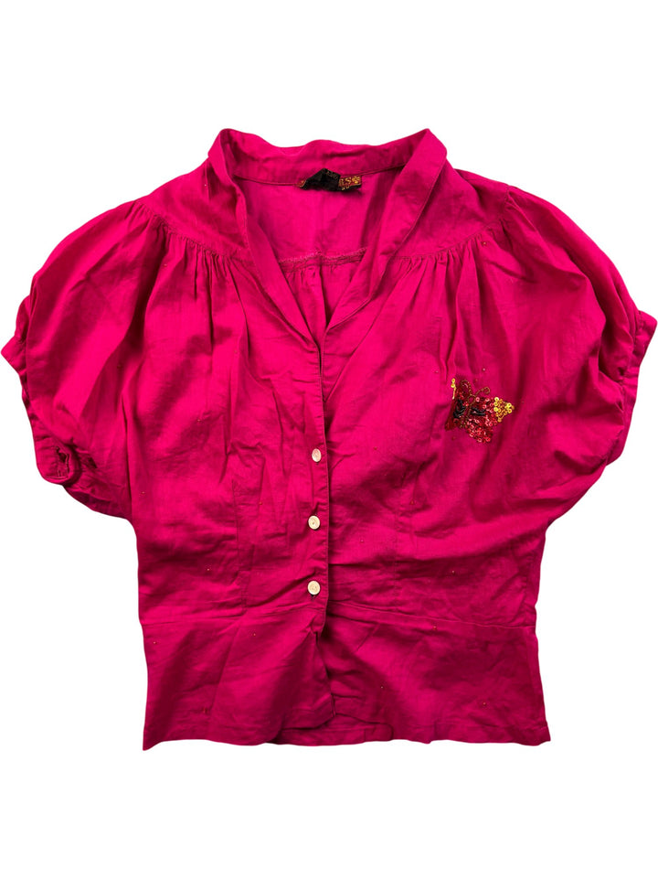 Flowers Short Sleeved Button Up Blouse - S - Think Vintage ltd