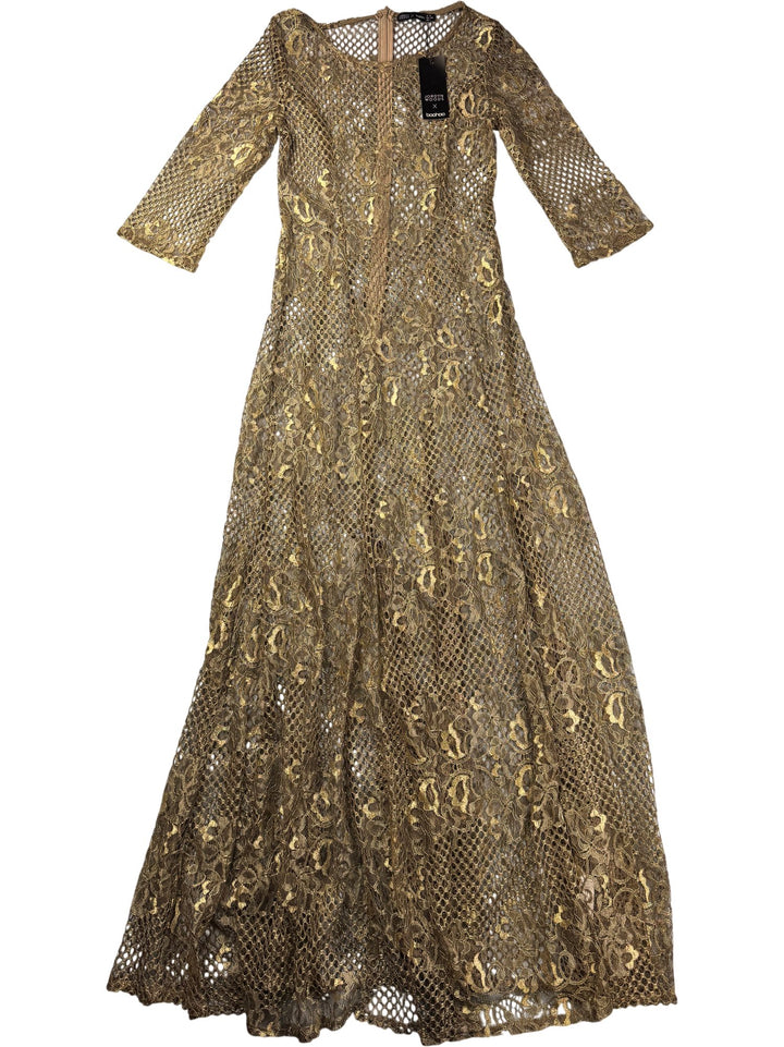 Gold Metallic Lace Maxi Dress - S - Think Vintage ltd