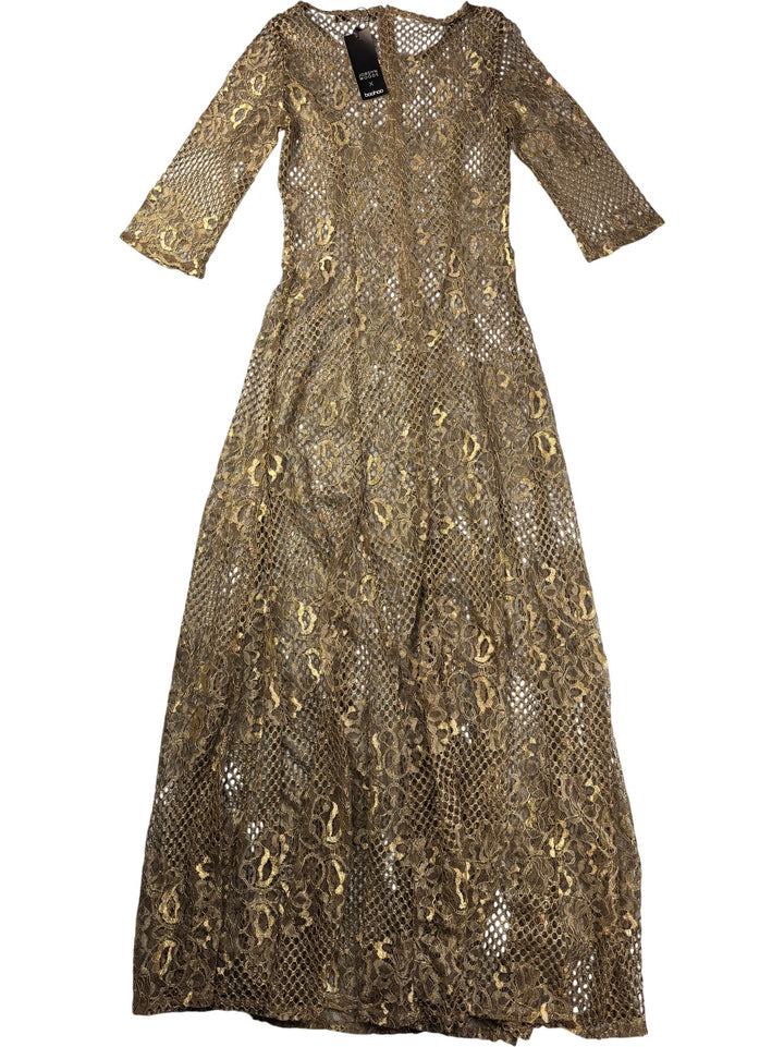 Gold Metallic Lace Maxi Dress - S - Think Vintage ltd
