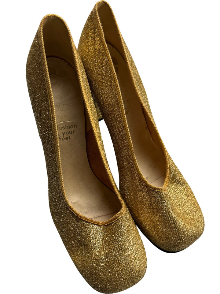 Gold Square Toe Block Heel Shoes - Think Vintage ltd