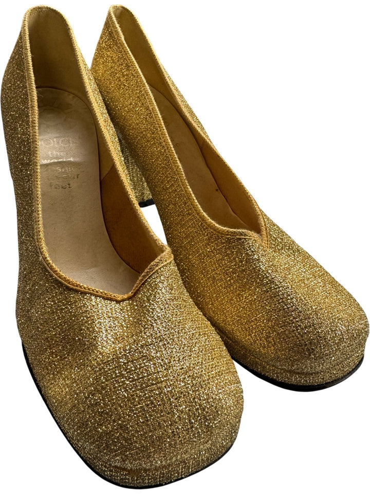 Gold Square Toe Block Heel Shoes - Think Vintage ltd