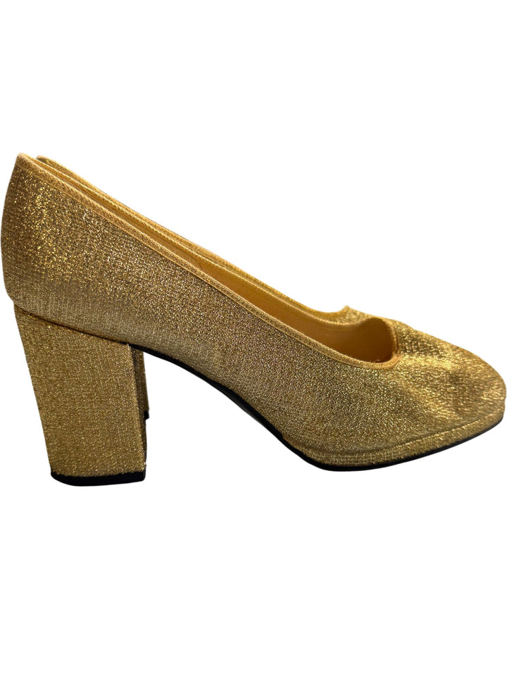 Gold Square Toe Block Heel Shoes - Think Vintage ltd