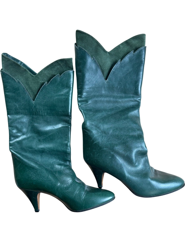 Green Italian Leather Cowboy Boots - 4.5 - Think Vintage ltd