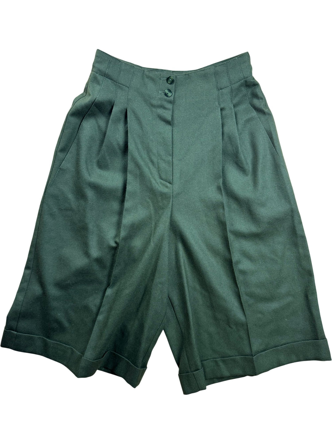 Green Wool Pleated Shorts - W27 - Think Vintage ltd