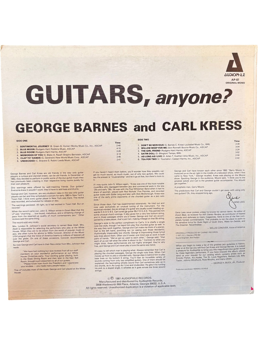 Guitars Anyone Album by George Barnes and Carl Kress - Fair - Think Vintage ltd