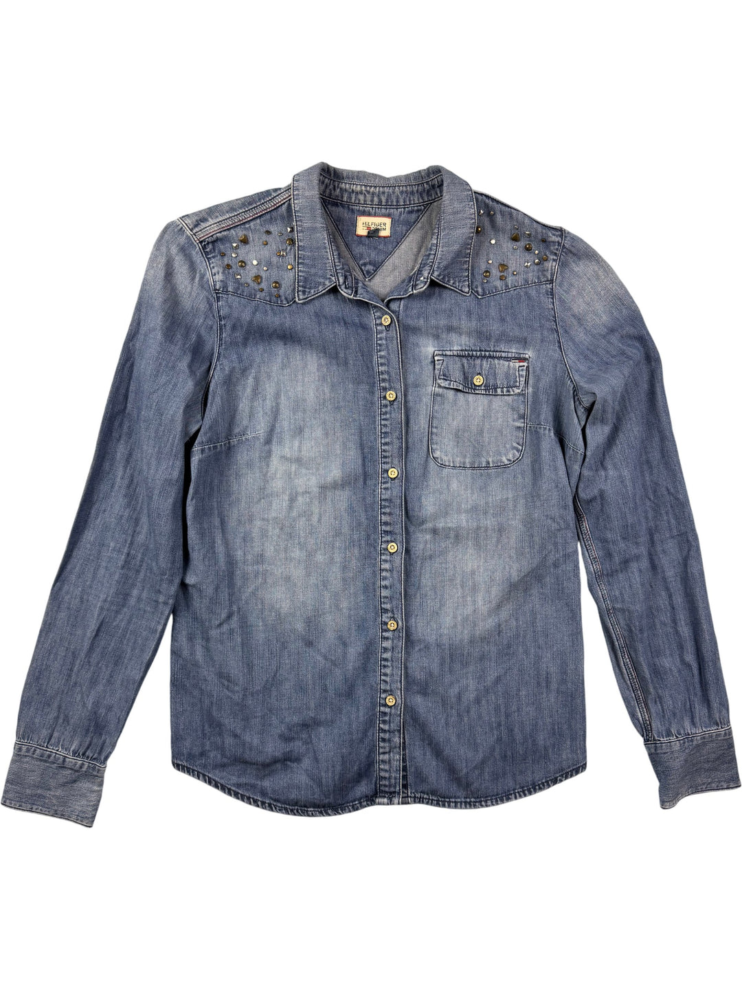 Hilfiger Studded Denim Shirt - L - Think Vintage