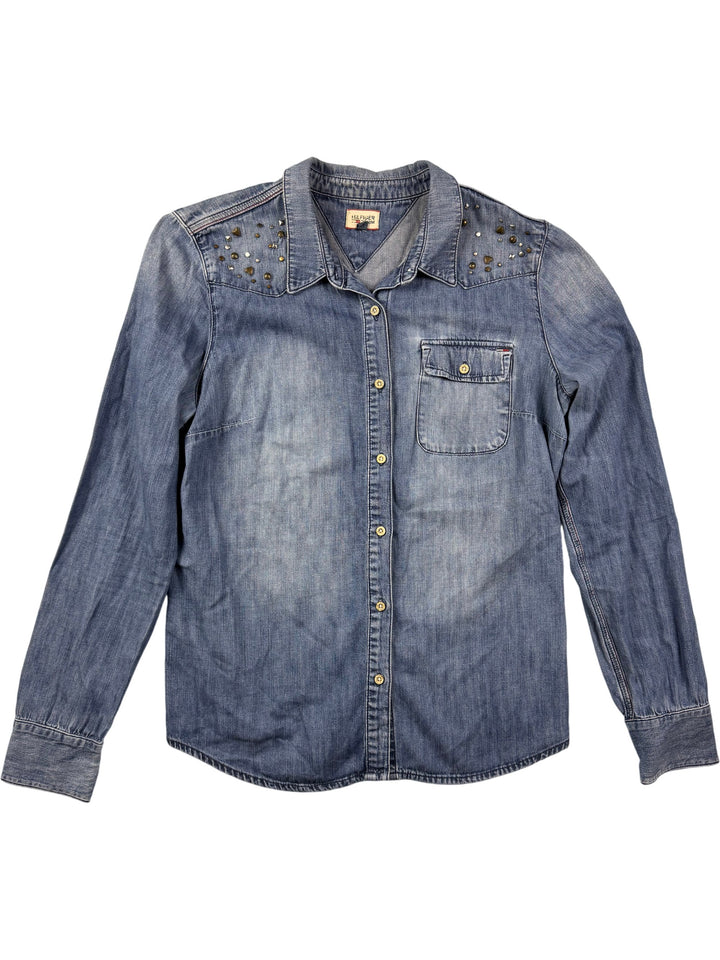 Hilfiger Studded Denim Shirt - L - Think Vintage Online Ltd