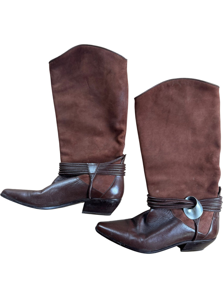 Italian Leather Brown Western Boots - 8 - Think Vintage ltd