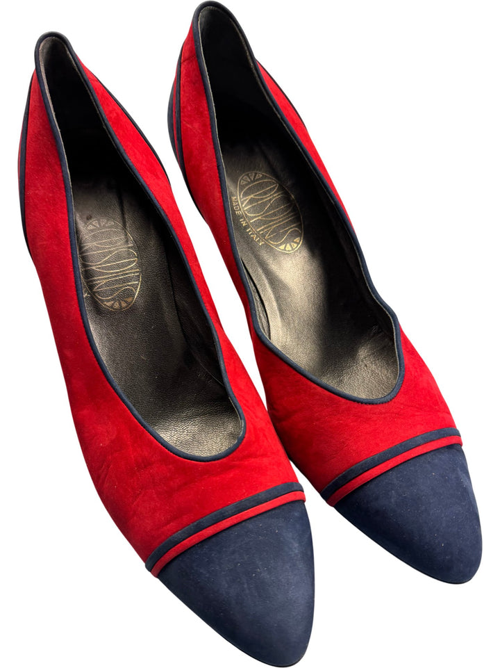 Italian Two-Tone Suede Cone Heel Shoes - 8 - Think Vintage ltd