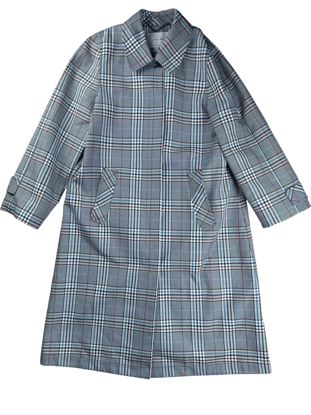 Jigsaw Plaid Trench Coat - M - Think Vintage ltd