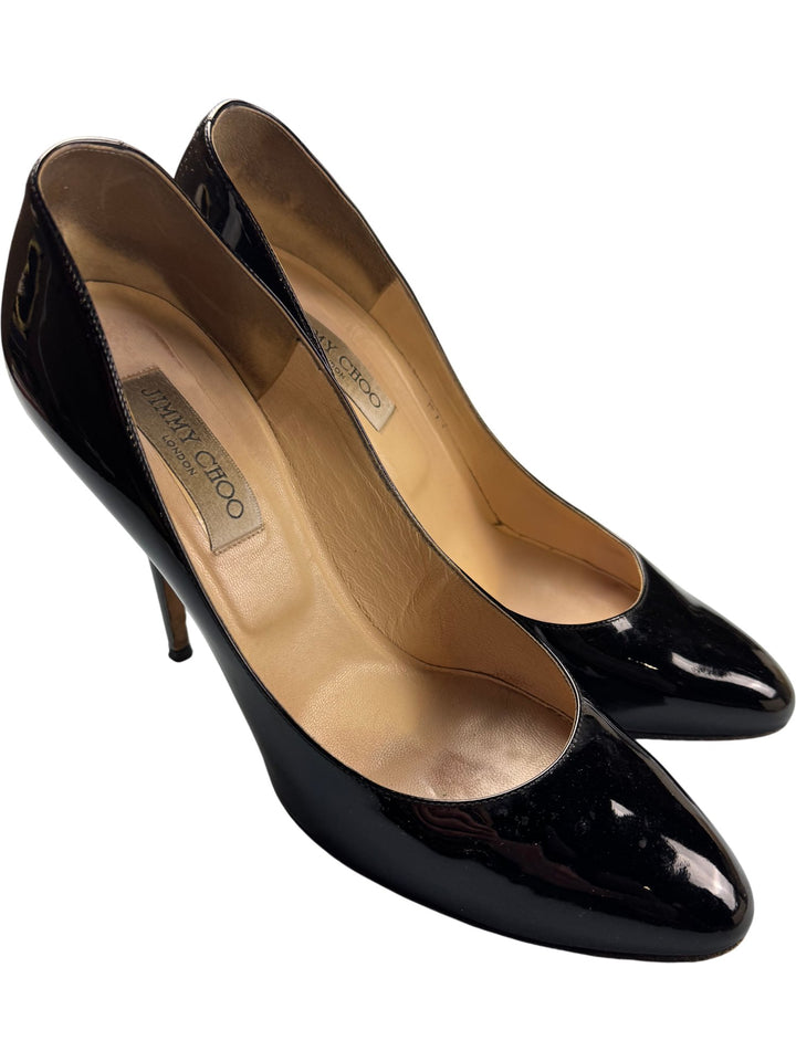 Jimmy Choo Black Patent Leather Heels - 6.5 - Think Vintage ltd