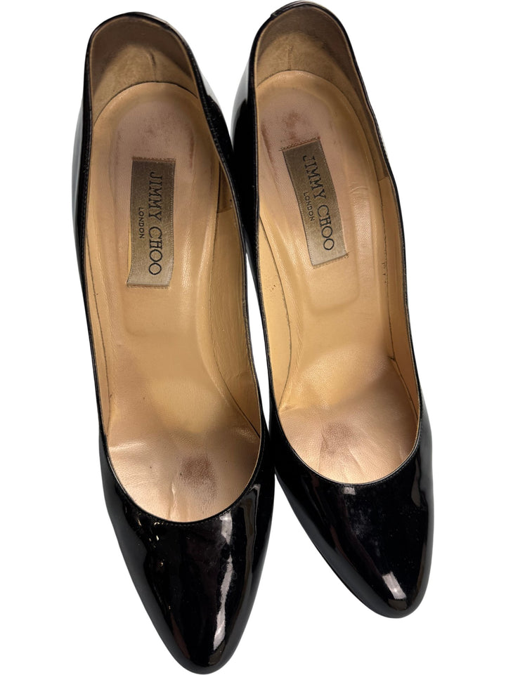 Jimmy Choo Black Patent Leather Heels - 6.5 - Think Vintage ltd