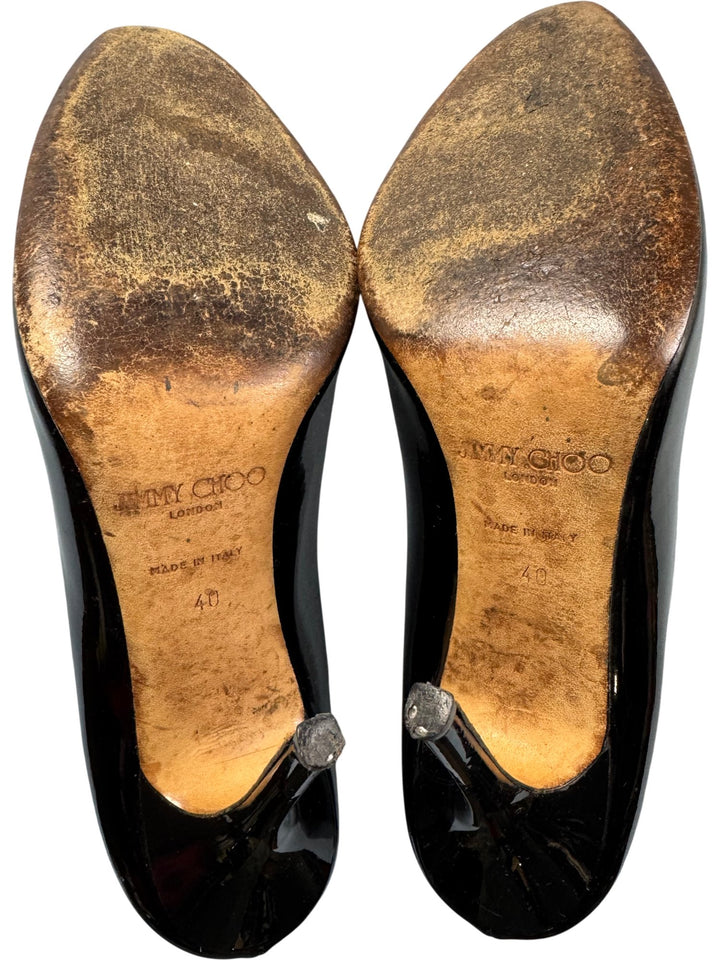 Jimmy Choo Black Patent Leather Heels - 6.5 - Think Vintage ltd