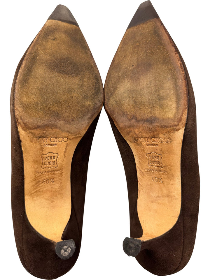 Jimmy Choo Brown Suede Heels - 6.5 - Think Vintage ltd