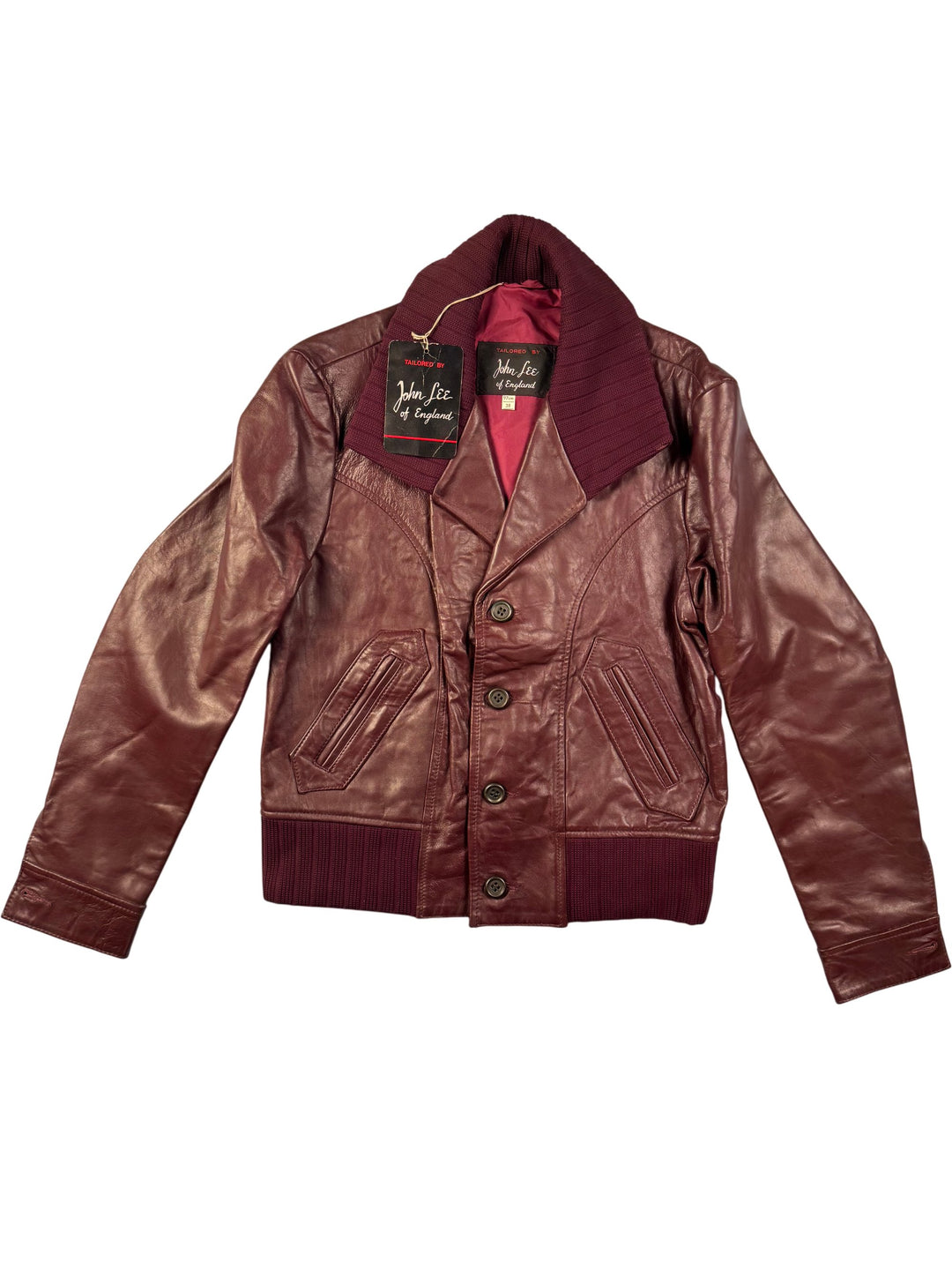 John Lee Burgundy Leather Bomber Jacket - L - Think Vintage