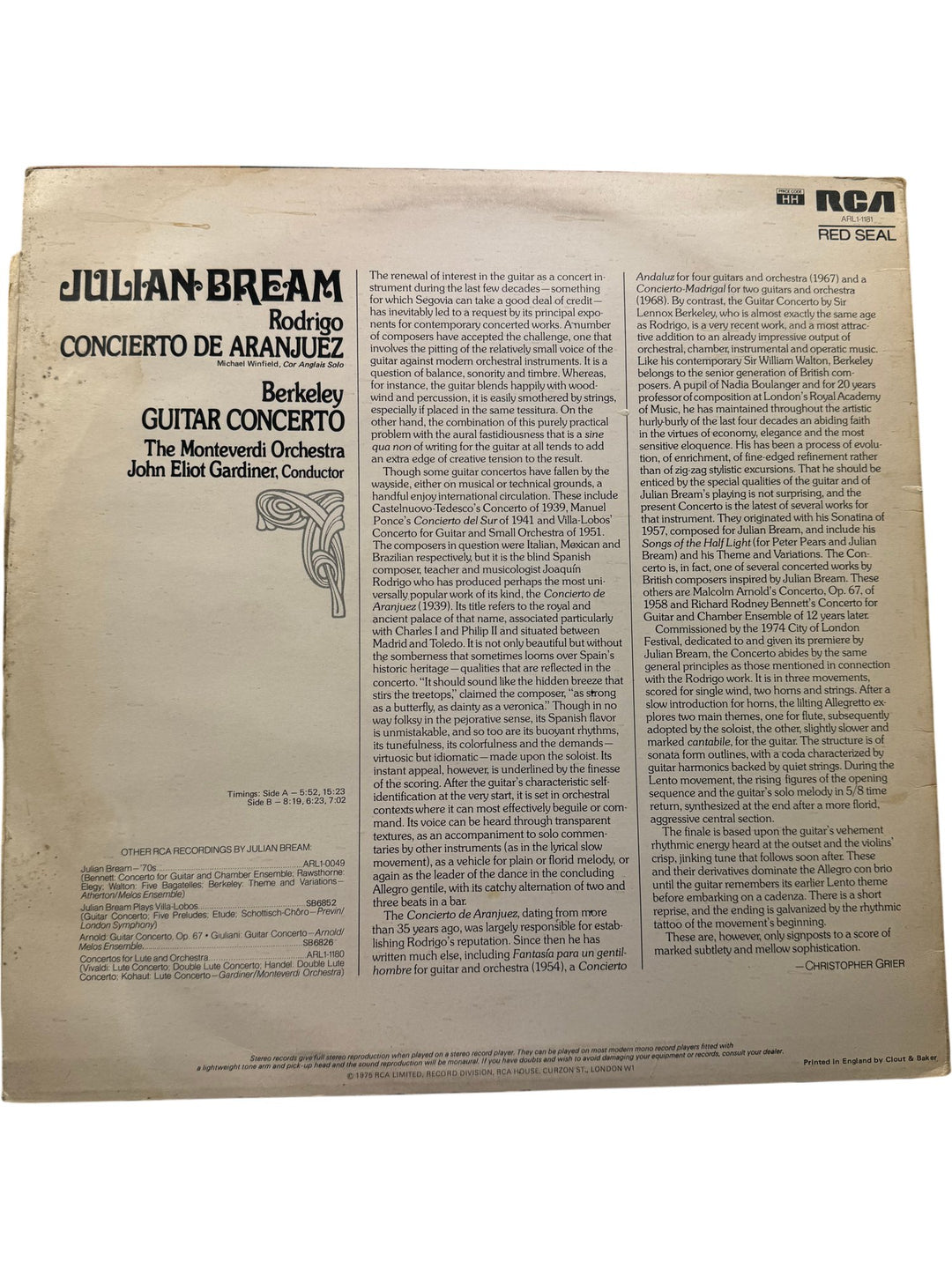 Julian Bream Rodrigo Concierto De Aranjuez Vinyl - Think Vintage ltd