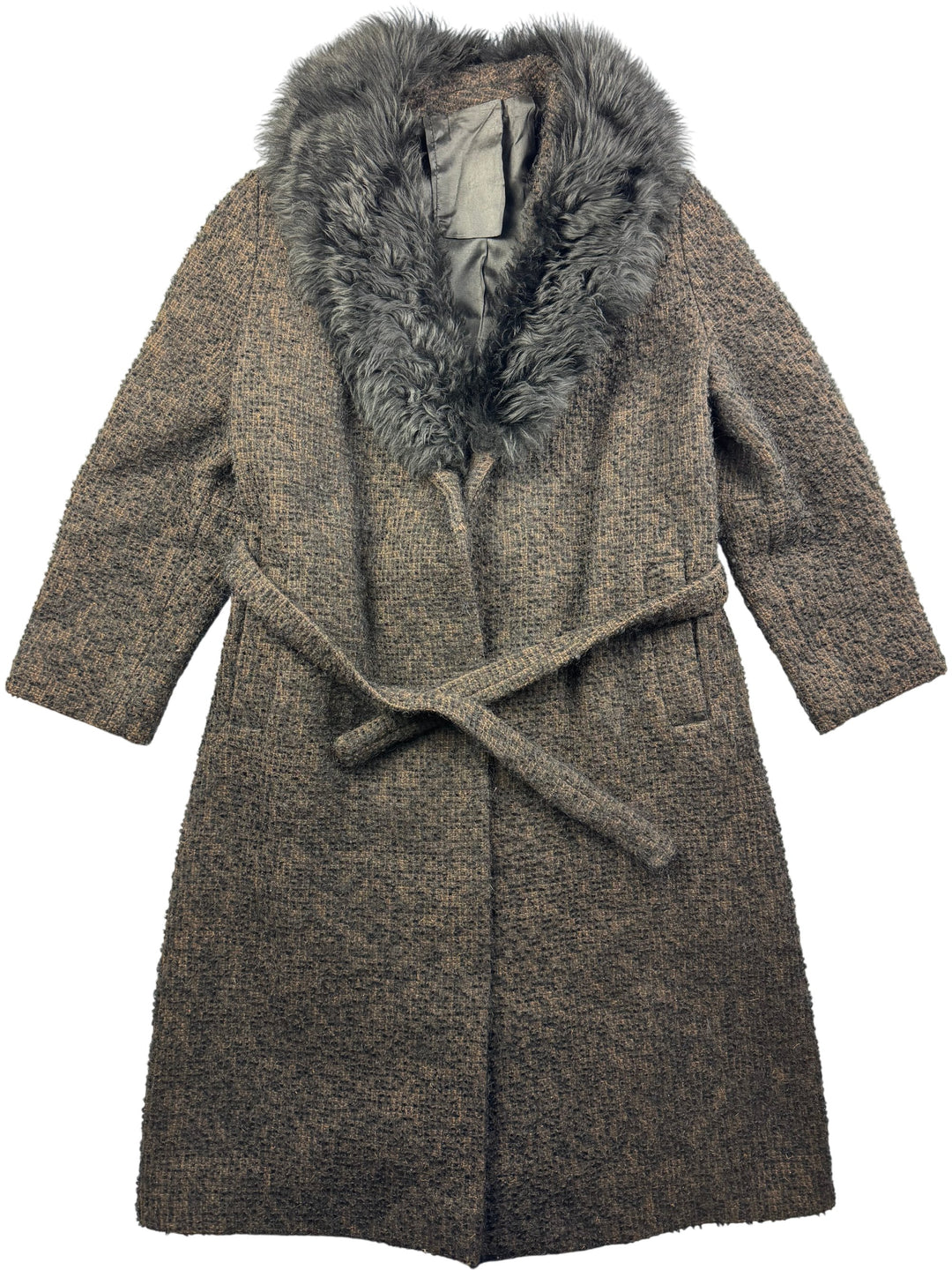 Kashmoor Brown Textured Coat With Faux Fur Collar - L - Think Vintage Online Ltd