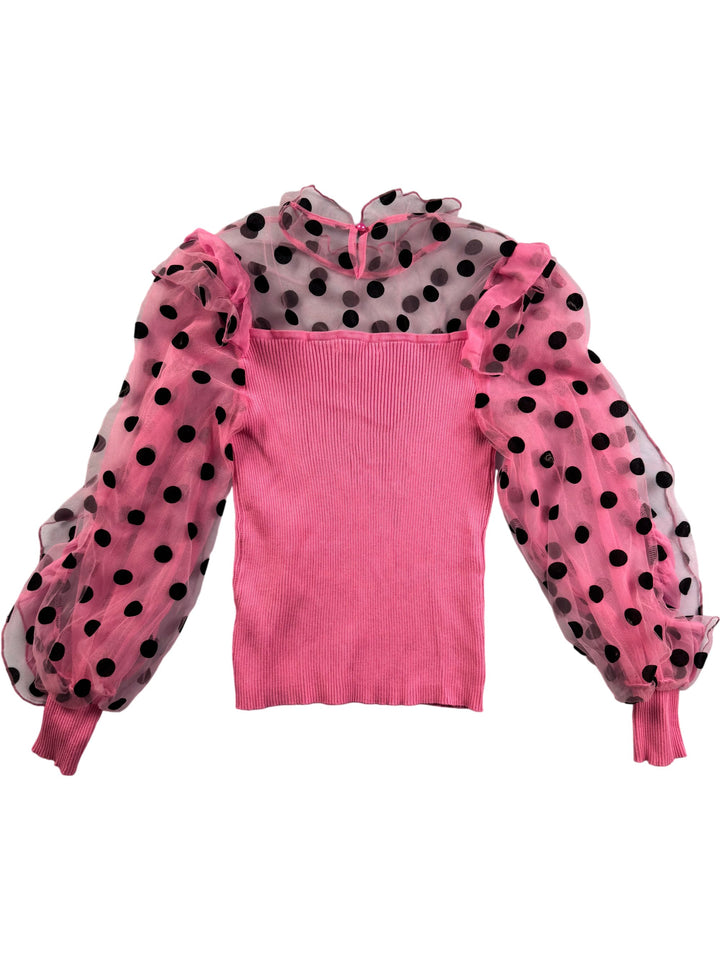 Knit Pink Top with Polka Dot Mesh Sleeves - XS - Think Vintage