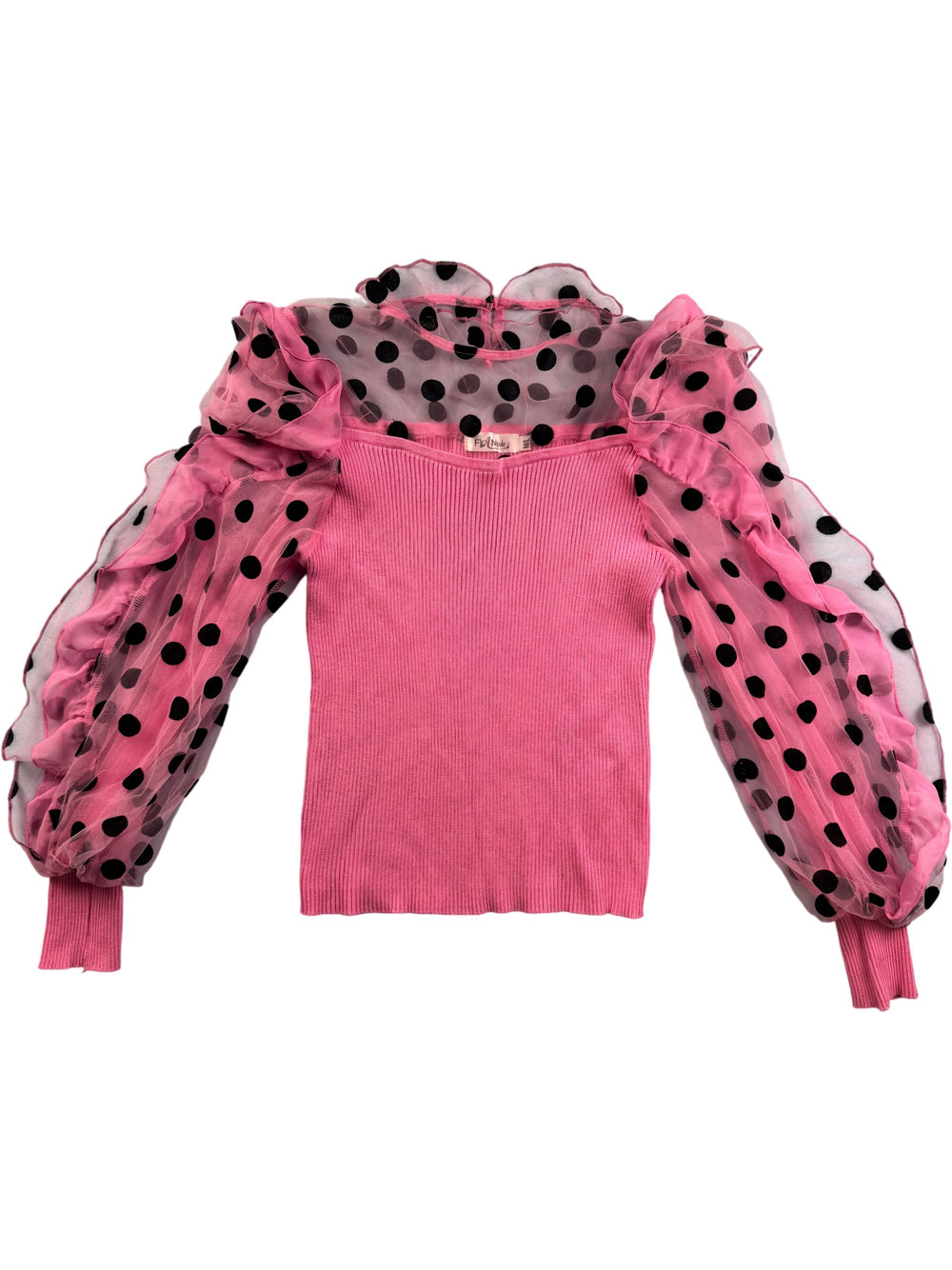 Knit Pink Top with Polka Dot Mesh Sleeves - XS - Think Vintage