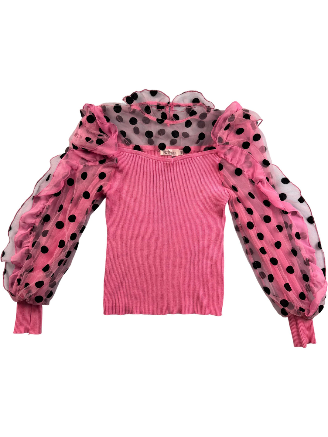 Knit Pink Top with Polka Dot Mesh Sleeves - XS - Think Vintage