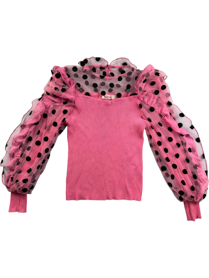 Knit Pink Top with Polka Dot Mesh Sleeves - XS - Think Vintage