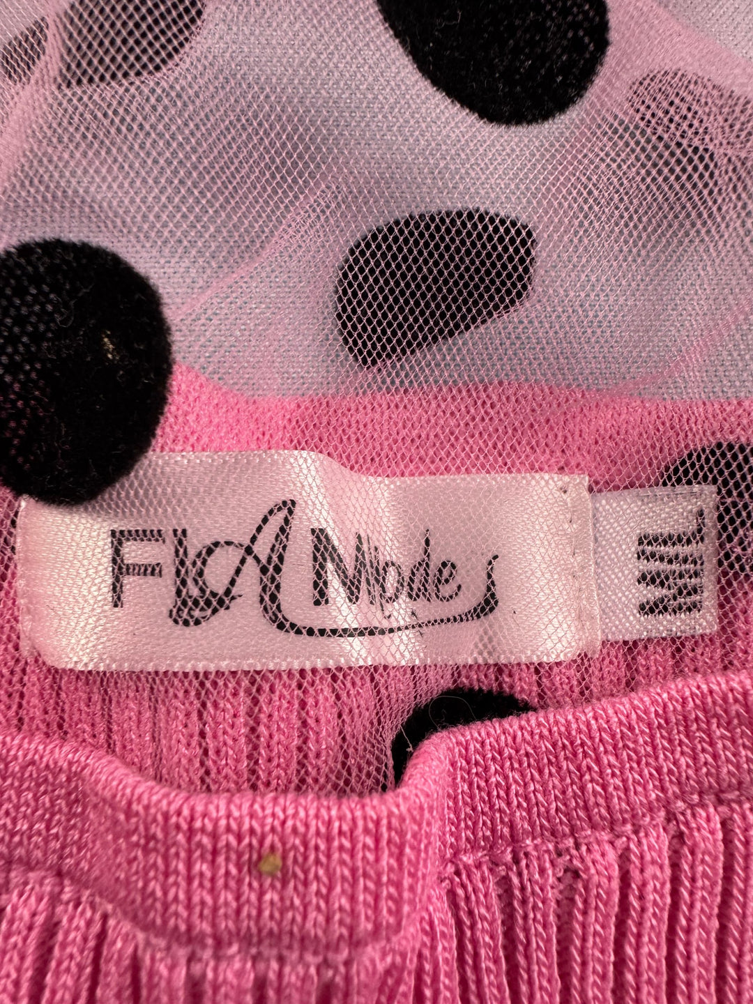 Knit Pink Top with Polka Dot Mesh Sleeves - XS - Think Vintage