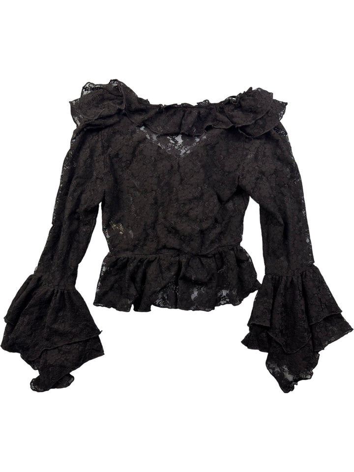 Krisp Black Lace Ruffle Blouse - XS