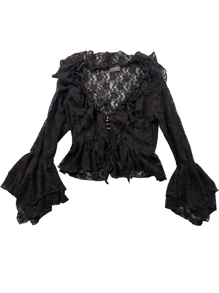 Krisp Black Lace Ruffle Blouse - XS - Think Vintage Online Ltd
