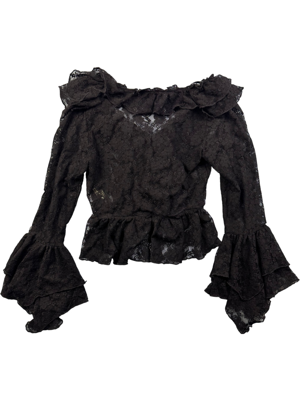 Krisp Black Lace Ruffle Blouse - XS - Think Vintage Online Ltd