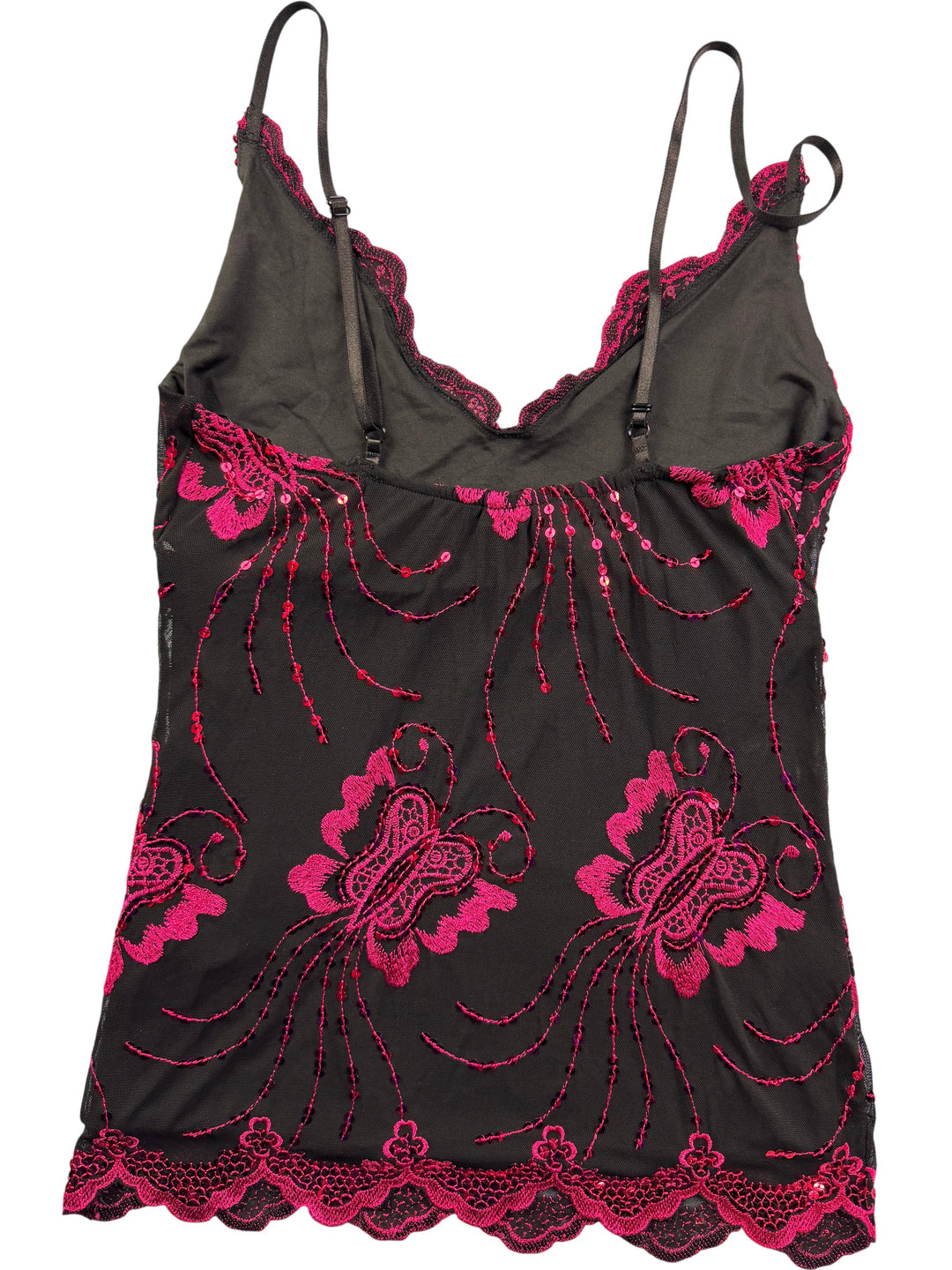Krisp Black Top with Pink Embroidery - S/M - Think Vintage