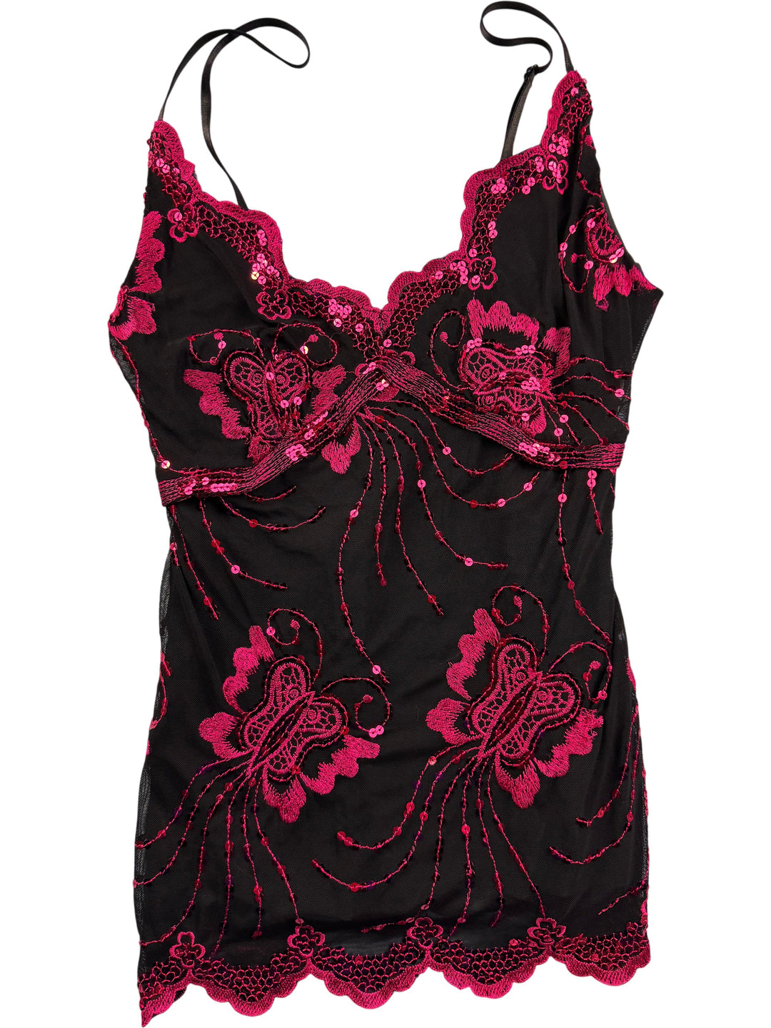 Krisp Black Top with Pink Embroidery - S/M - Think Vintage ltd