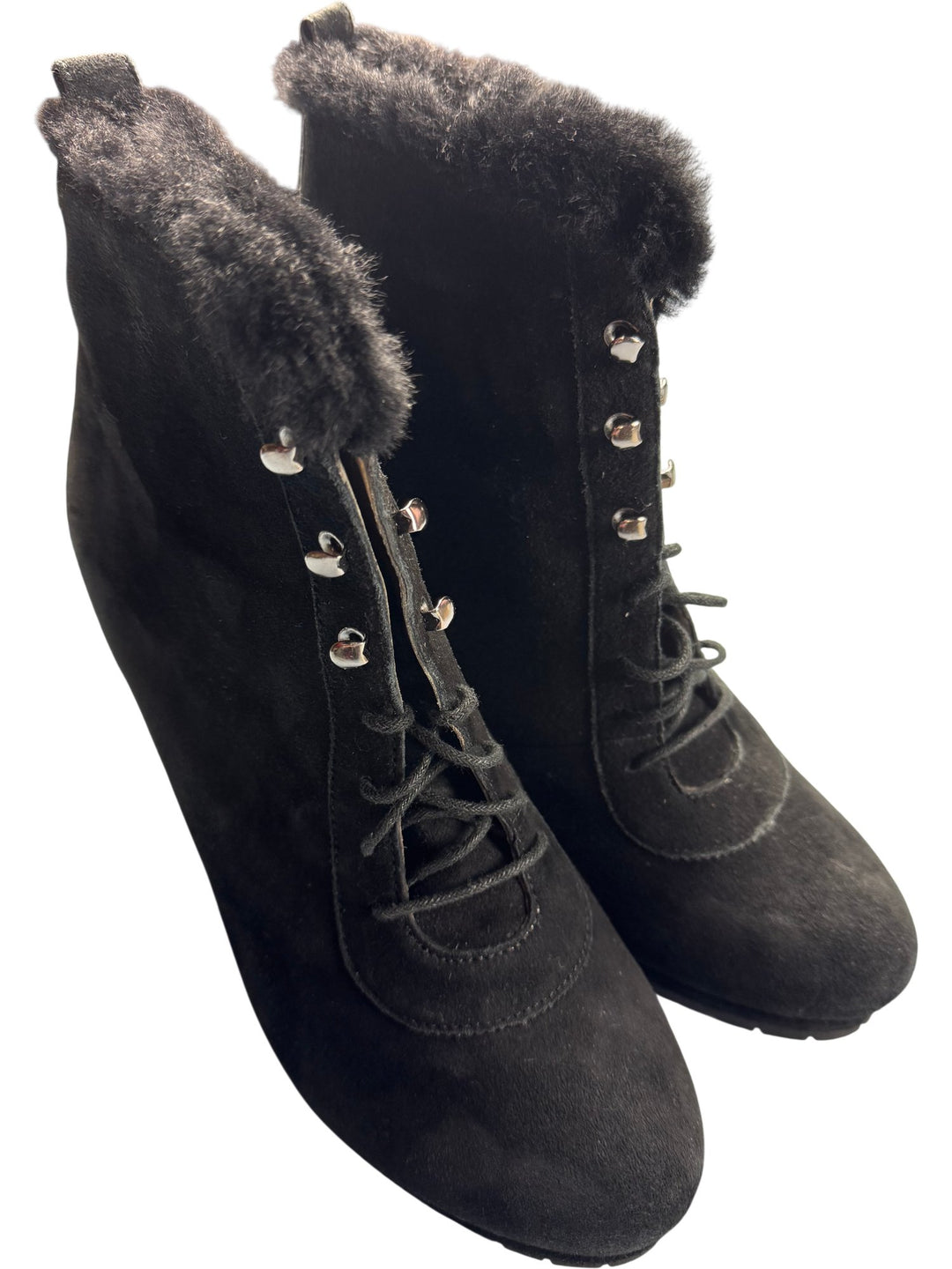 L.K. Bennett Black Fur Trim Wedge Boots - 7 - Think Vintage ltd
