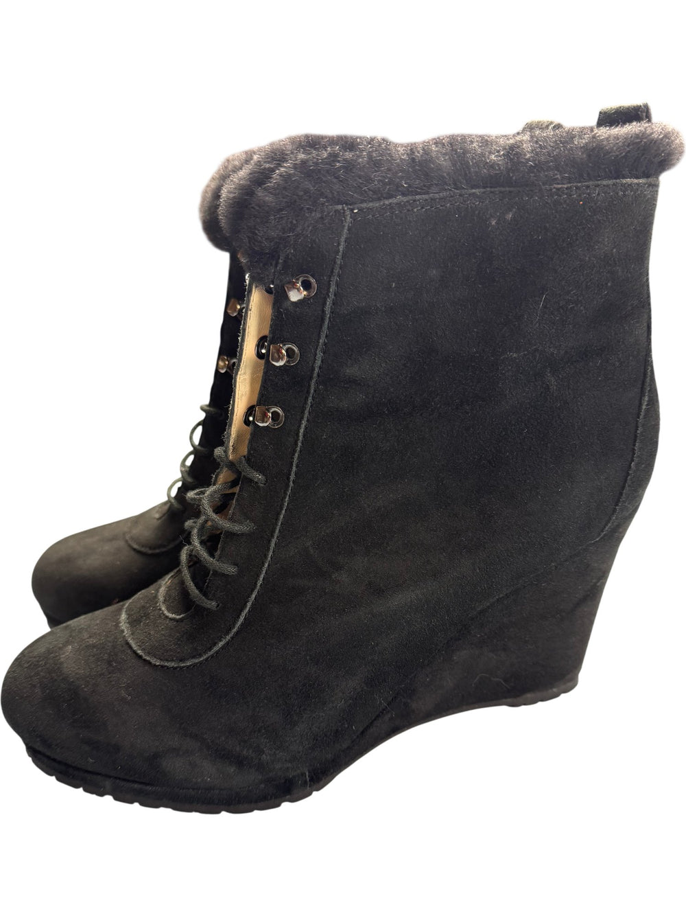 L.K. Bennett Black Fur Trim Wedge Boots - 7 - Think Vintage ltd