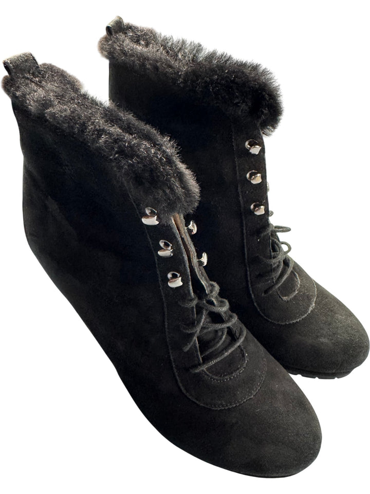 L.K. Bennett Black Fur Trim Wedge Boots - 7 - Think Vintage ltd