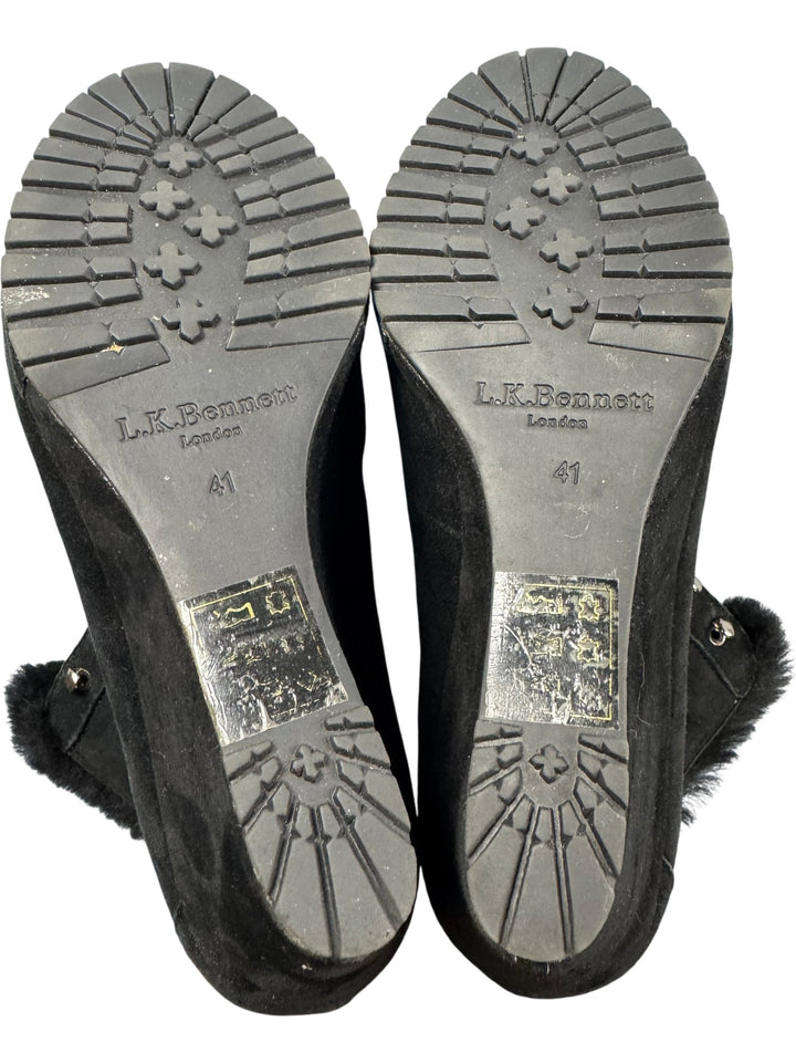 L.K. Bennett Black Fur Trim Wedge Boots - 7 - Think Vintage ltd