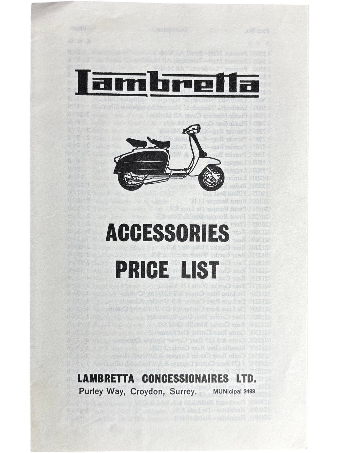 Lambretta Accessories Price List Catalogue Vintage 1965 Motorcycle - Think Vintage Online Ltd