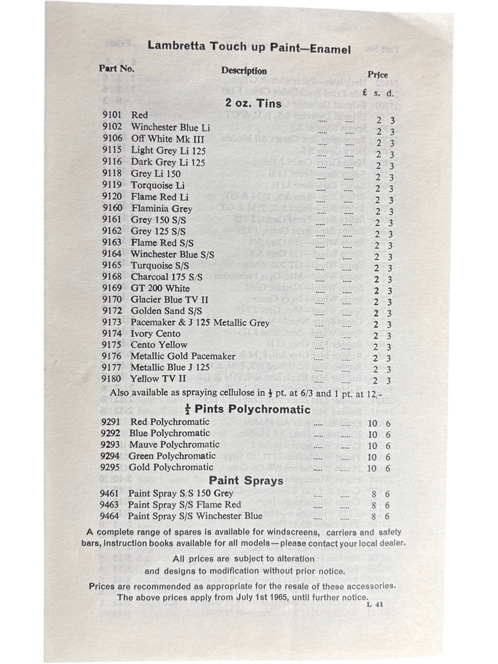 Lambretta Accessories Price List Catalogue Vintage 1965 Motorcycle - Think Vintage Online Ltd