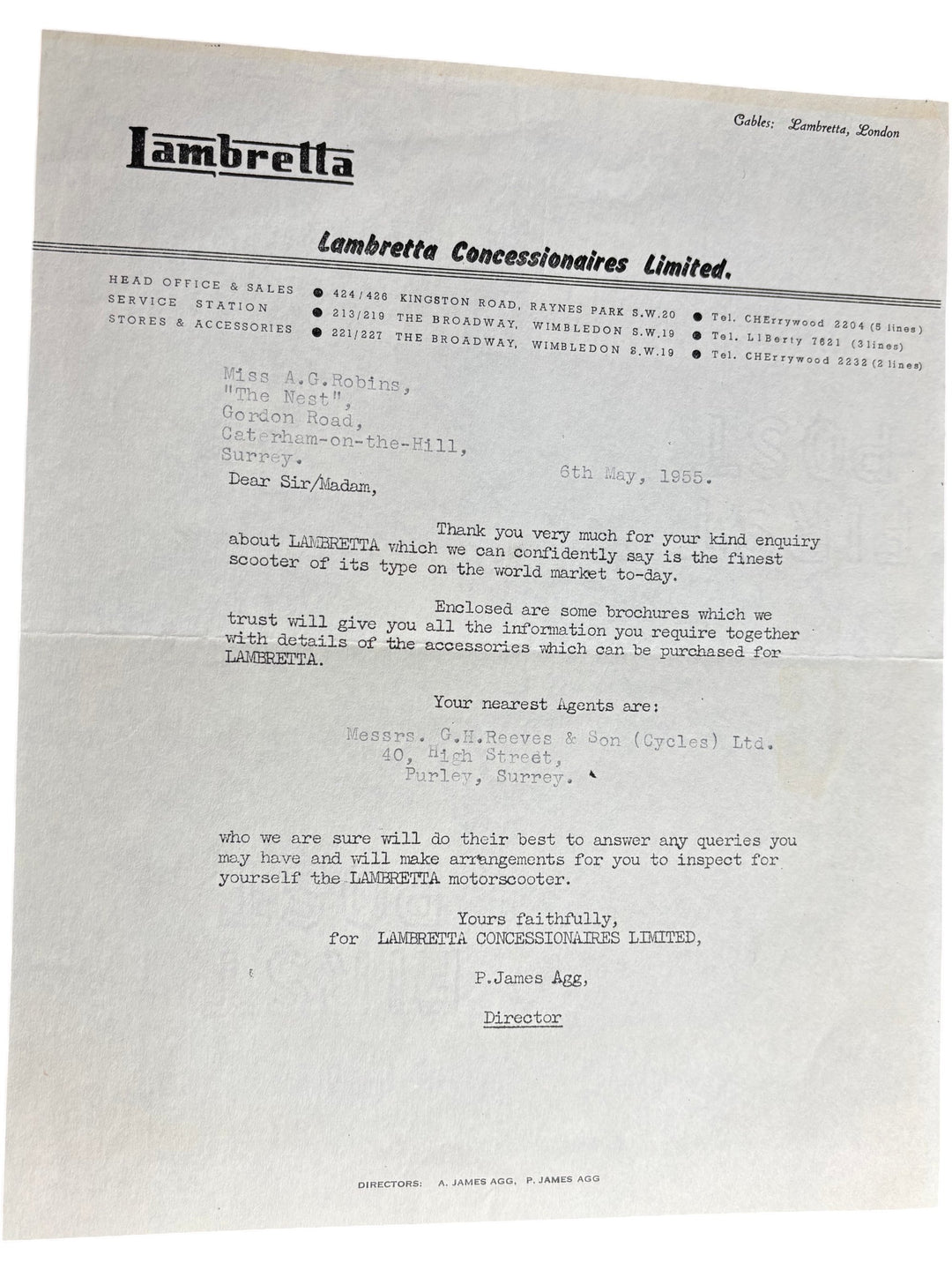 Lambretta Concessionaires Limited Vintage 1955 Enquiry Letter Document. - Think Vintage ltd
