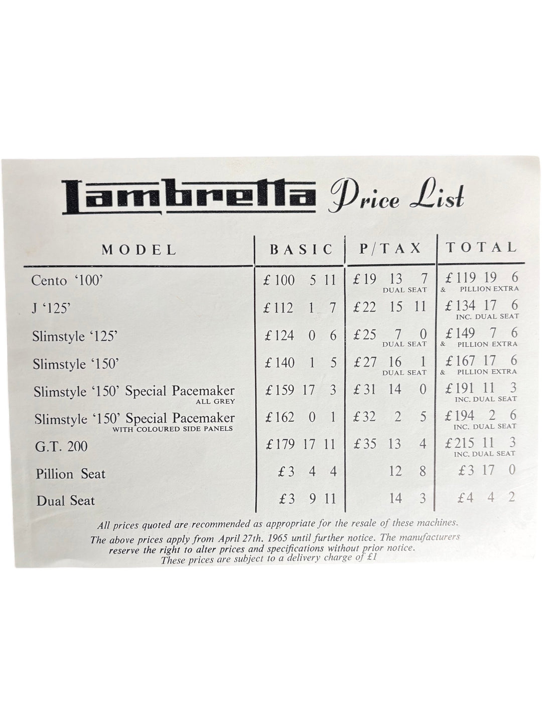 Lambretta Vintage Scooter Price List Collectable 1965 Advertising - Think Vintage Online Ltd