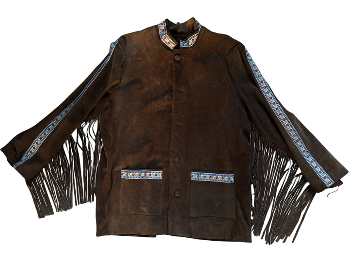 Late 1960s Brown Suede Fringe Jacket with Floral Trim - M - Think Vintage ltd