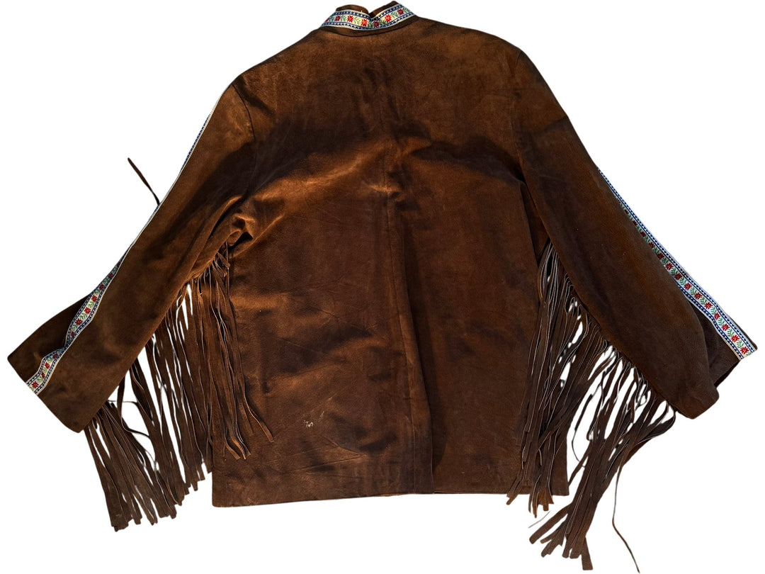 Late 1960s Brown Suede Fringe Jacket with Floral Trim - M - Think Vintage ltd